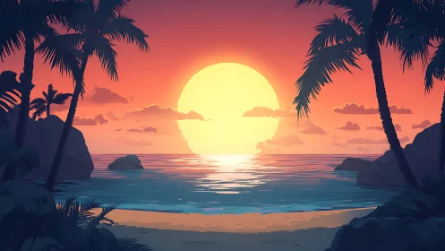 Tropical shoreline sunset with stylized palm silhouettes.