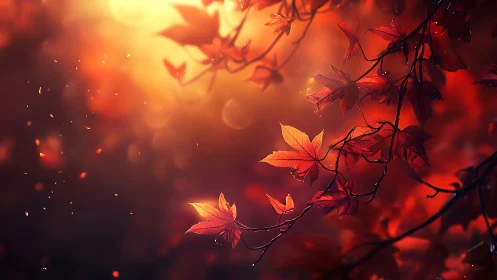 Golden autumn light gently cradles glowing red maple leaves