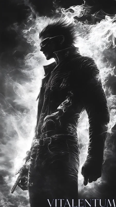 Monochrome gunfighter silhouette wreathed in spectral smoke.