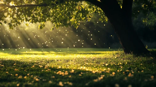 Backlit tree with drifting leaves in golden evening light.