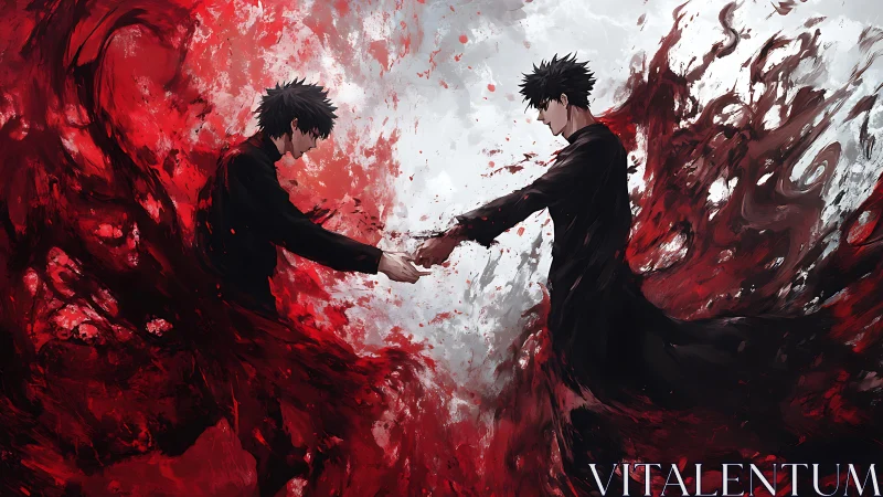 Two mirrored figures unite amid swirling red chaos