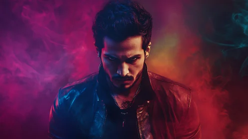 Intense portrait within neon smoke and moody colored light.