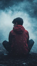 Solitary figure in red jacket sits within dense winter fog