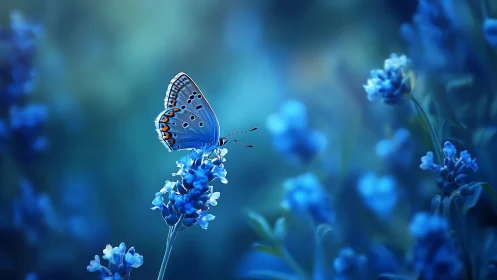 Blue butterfly rests on lavender spike in cool macro bokeh