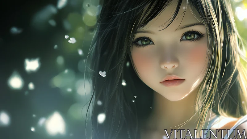 Hyperreal anime portrait of green eyed girl in bokeh forest