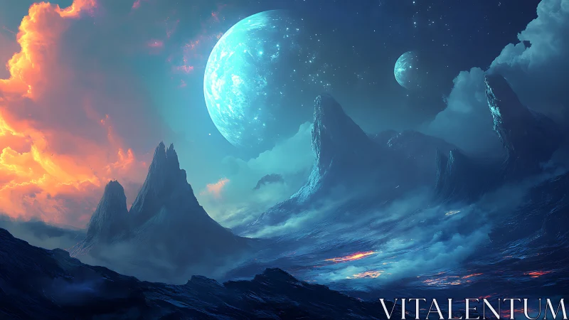 Distant icy peaks under large twin moons and nebula sky.