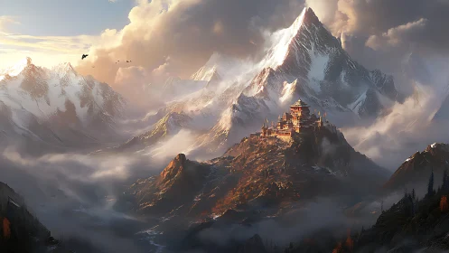 Sunlit mountain citadel nestles bold against storm-bred clouds
