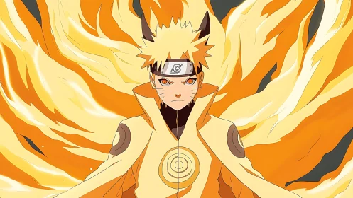 Fiery anime hero stands strong in a glowing chakra storm