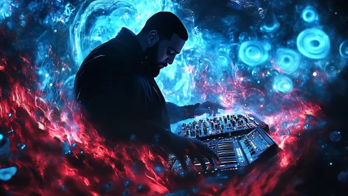 Futuristic DJ sculpts cosmic soundscape in neon storm.