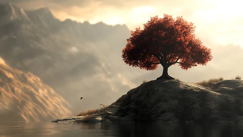 Red-leaved tree on rocky islet before soft mountain range.