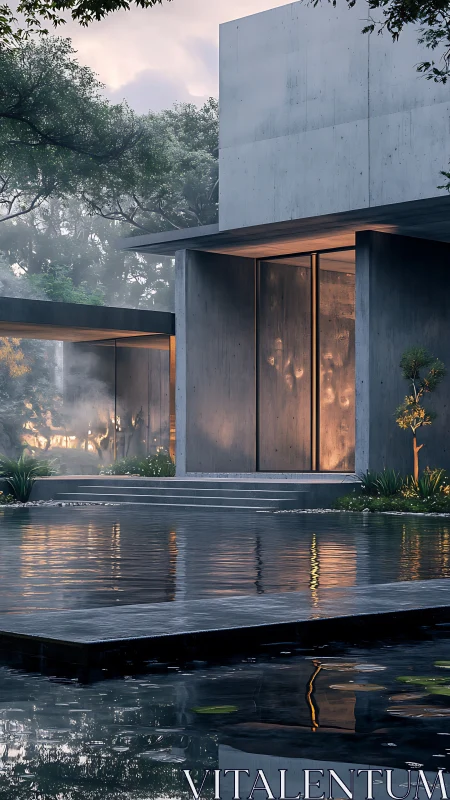 Modern Concrete Pavilion with Reflecting Pool at Dusk.