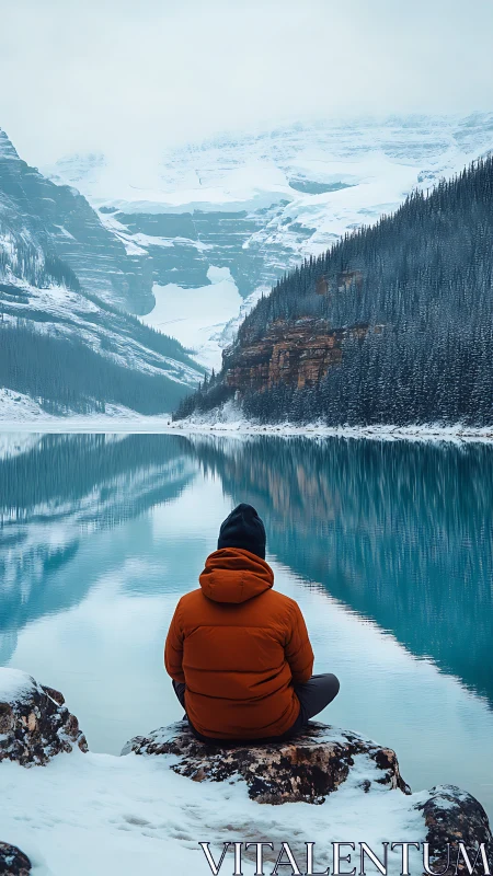 Solitary hiker contemplates a still alpine lake in winter calm