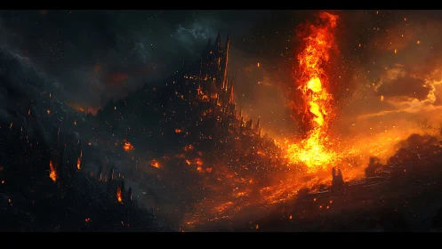 Apocalyptic Inferno. Cataclysmic Firestorm Engulfs Ruined Citadel.