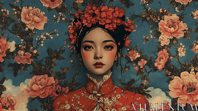 Woman in red floral attire stands before ornate flower wall