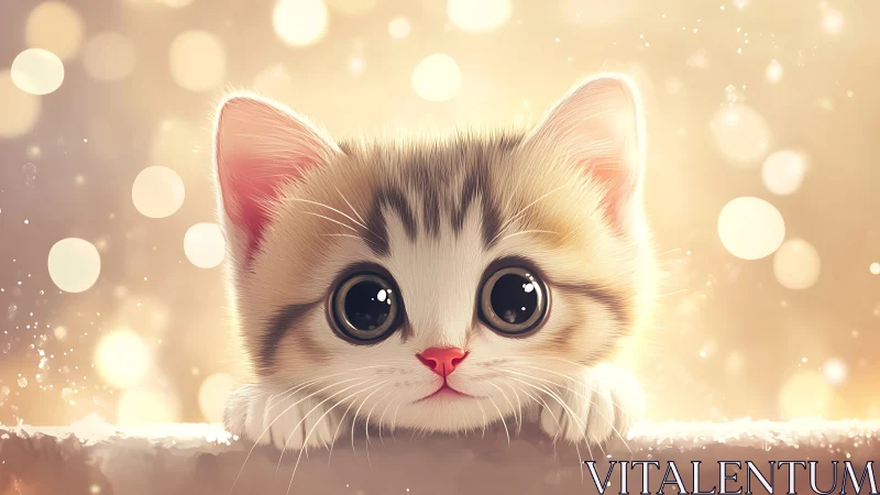Illustrated cat with oversized eyes and soft background glow.