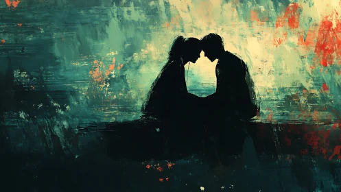 Silhouetted figures in contact against textured painterly background