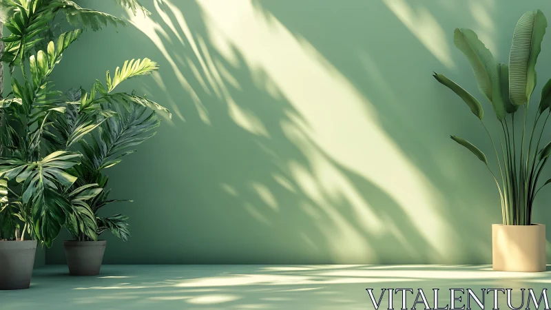 Indoor tropical plants with soft directional sunlit shadows.