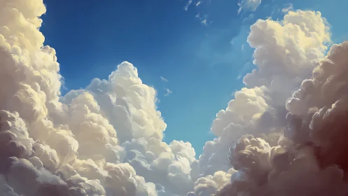 Towering cumulus clouds frame deep blue summer sky
