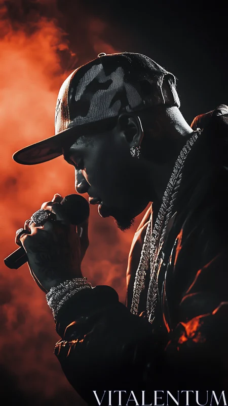 Side-lit rapper in smoky stage atmosphere with dramatic contrast