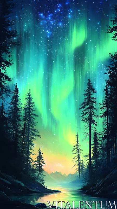 Emerald aurora cascades above a tranquil forest river