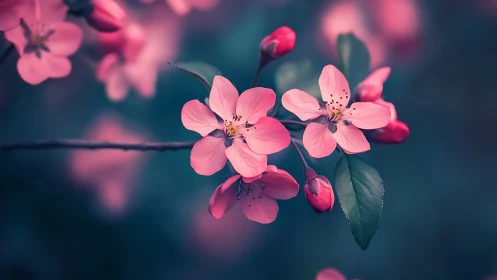 Pink Apple Blossoms Against Teal Bokeh Background.