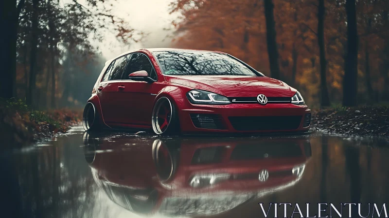 Lowered red Volkswagen hatchback reflected in forest water.