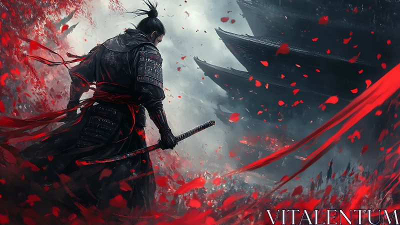 Samurai warrior amid crimson storm before shadowed temple.
