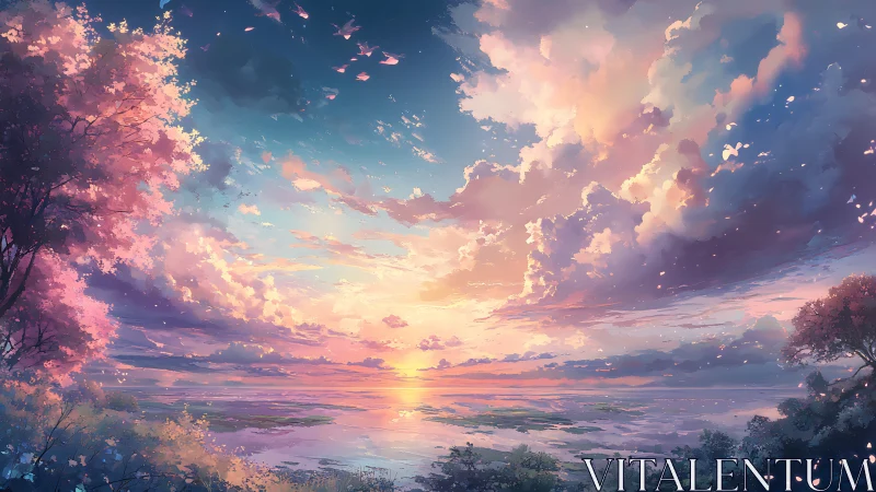 Blossom shoreline sunset under storybook cotton skies.