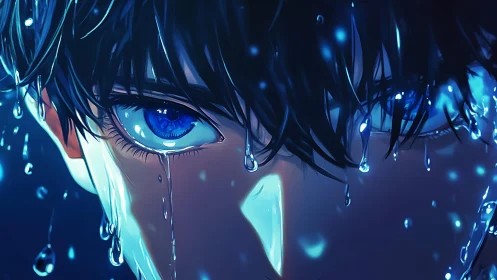 Hydrated blue gaze under specular neon aquatic illumination.