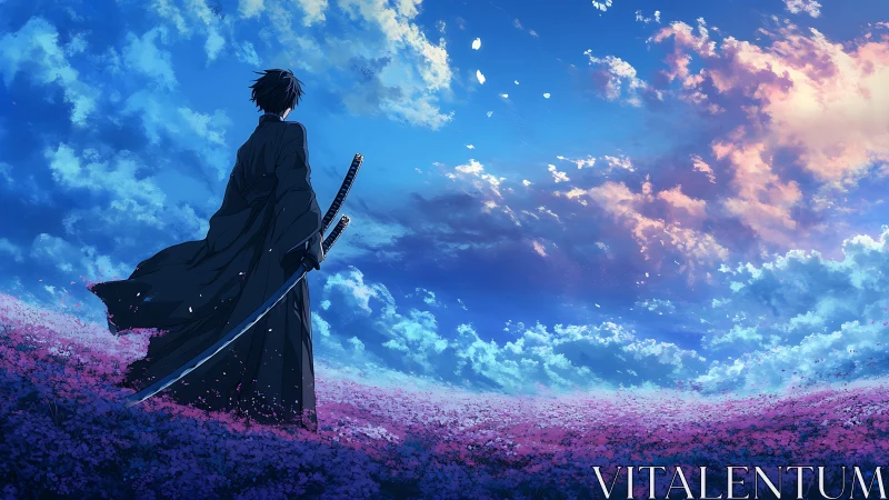 Sword-bearing figure stands in flower field under sky
