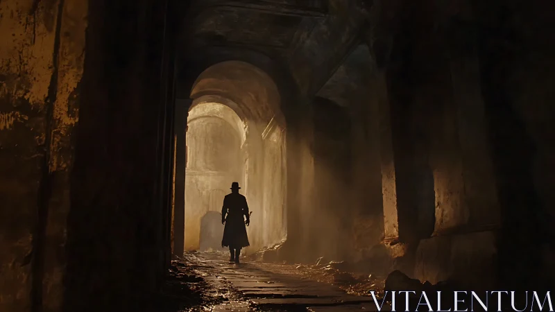 Silhouetted figure in long coat within decayed stone corridor.