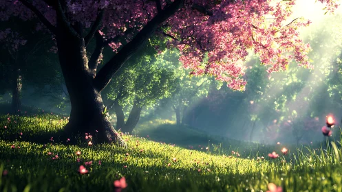 High dynamic range 3D spring grove with volumetric sunrays