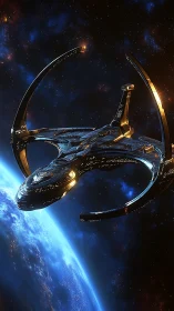 Starlit halo cruiser glides above a glowing blue world.