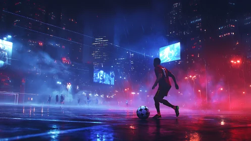 Cyberpunk night street football in neon rain-soaked megacity