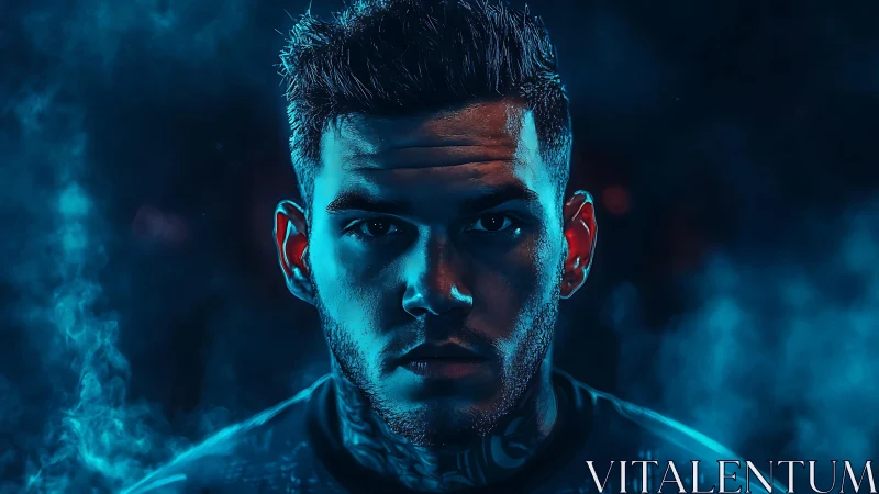 Blue rim-lit male portrait isolates face in cinematic haze