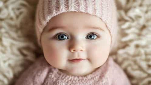 Infant in pink knit apparel, neutral expression, textile background.