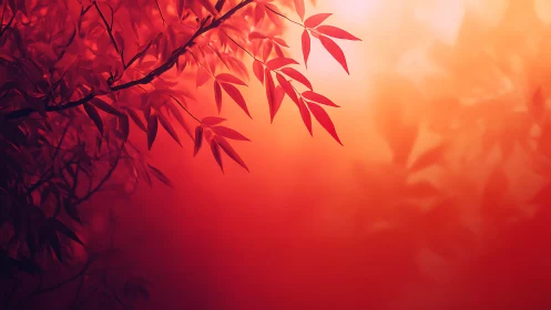 Red leaves silhouetted against soft glowing sunset light.