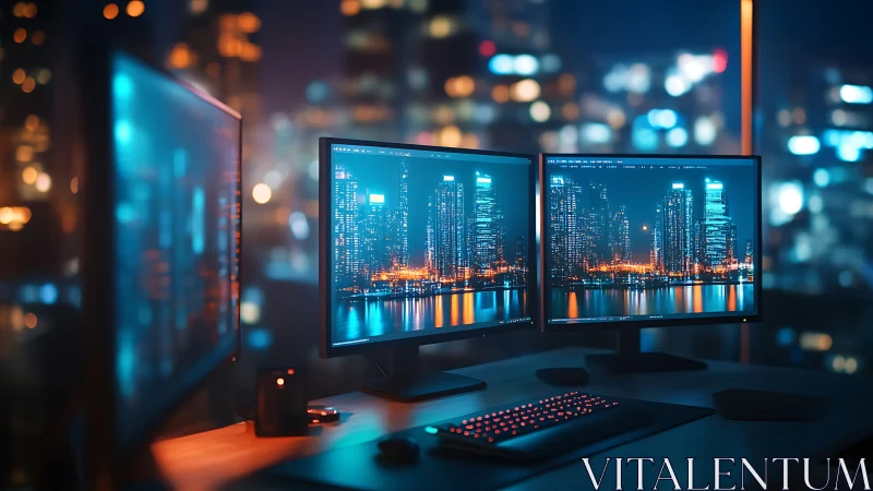 Dual-monitor skyline workspace glows in neon city night.