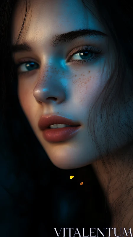 Cinematic close portrait with teal rim light and soft freckles