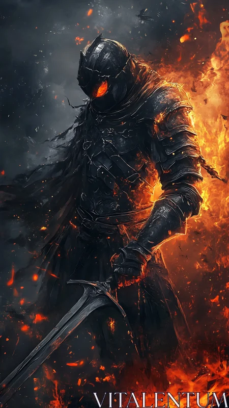 Armored figure with flaming sword in dark infernal setting.