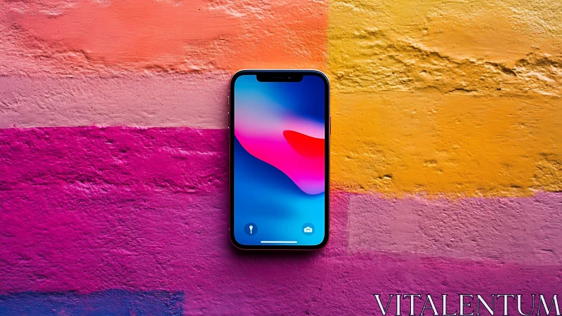 Black smartphone displaying vibrant blue-pink gradient wallpaper on multicolored textured wall.