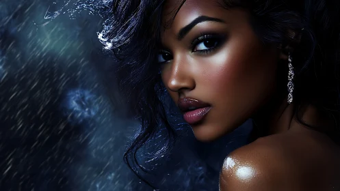 Digital portrait of woman in rain with reflective lighting.