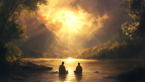 Sunlit river meditation beneath radiant golden heavens.