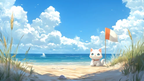 Tiny seaside guardian cat quietly patrols the cotton-sky shore