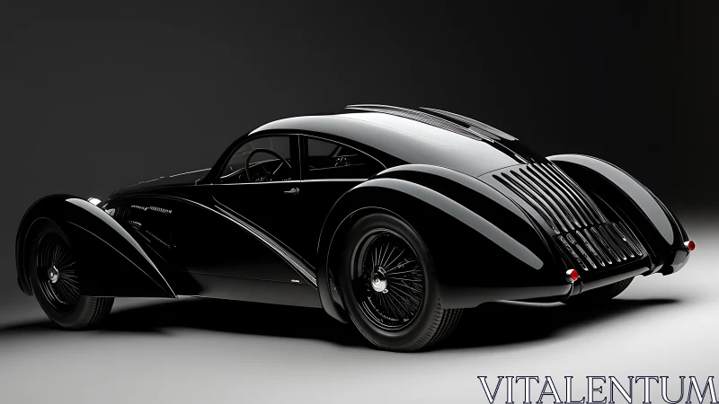 Streamlined black coupe is rendered in controlled studio light