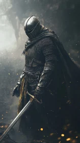 Steel-clad wanderer pauses while embers script a silent vow