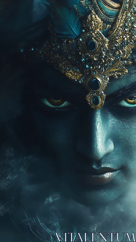 Blue-skinned mystical face with ornate golden headdress.