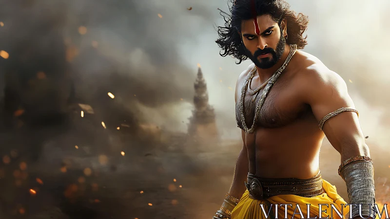 Warrior figure in smoke-filled battlefield environment.