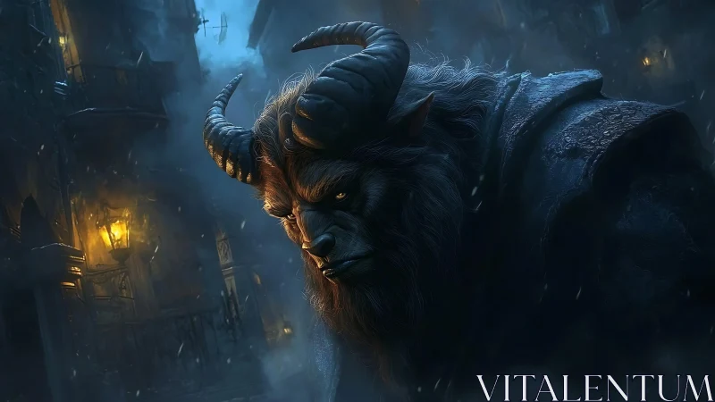 Horned beast stalks foggy alley under cold lantern light