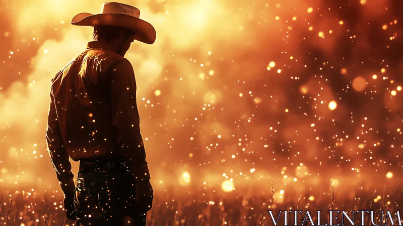 Cowboy in glowing dusk, standing quiet in golden sparks.